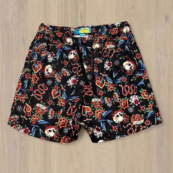 Surf Society Other - Surf Society Men's Black Floral & Tattoo Print Shorts